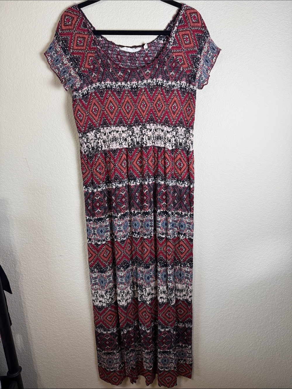 Soft Surroundings Boho Print Shirred Maxi Dress Size L